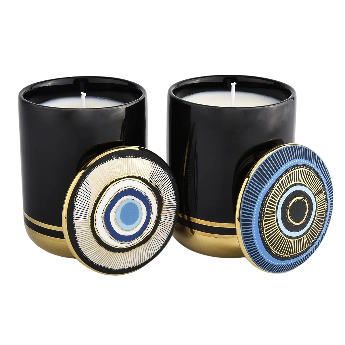  Factory direct sales black gold blue pattern ceramic candle holders with lid candle container