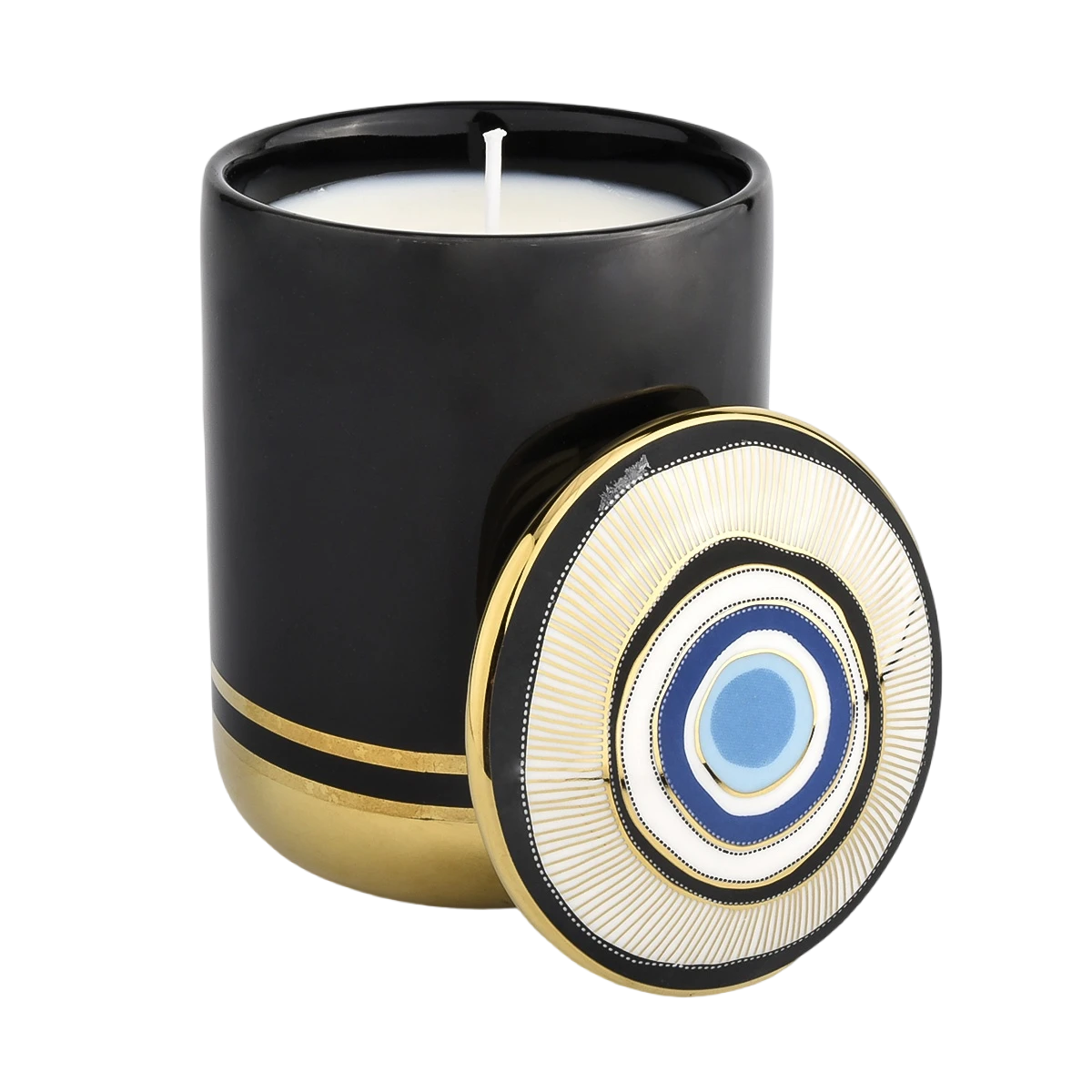 الصين مبيعات المصنع مباشرة حوامل شموع من السيراميك بنمط الذهب الأسود والأزرق مع حاوية شموع بغطاء الصانع