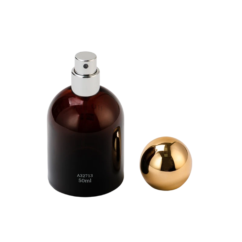 Wholesale gilded spherical lid amber-brown perfume bottles