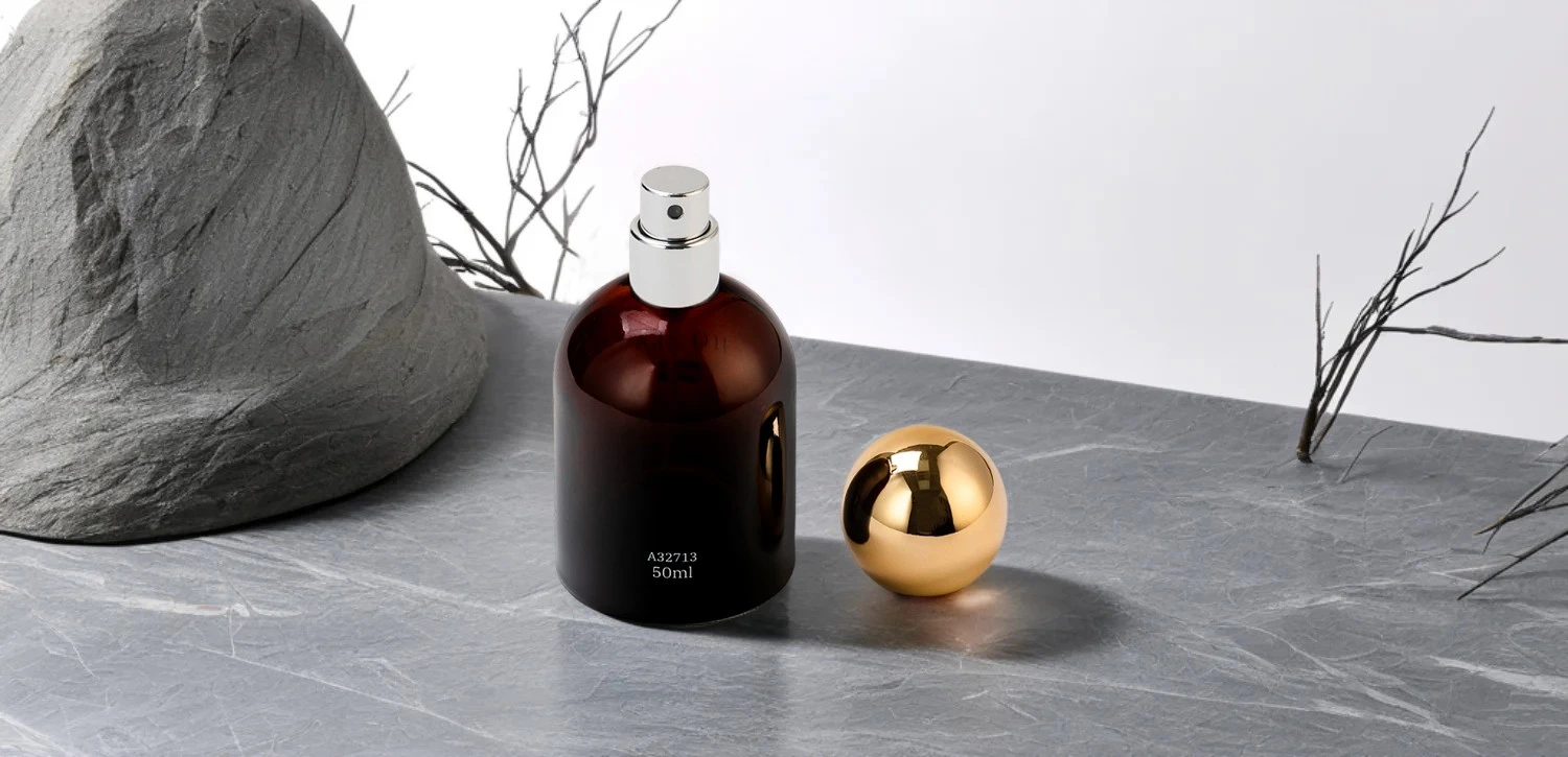 Wholesale gilded spherical lid amber-brown perfume bottles