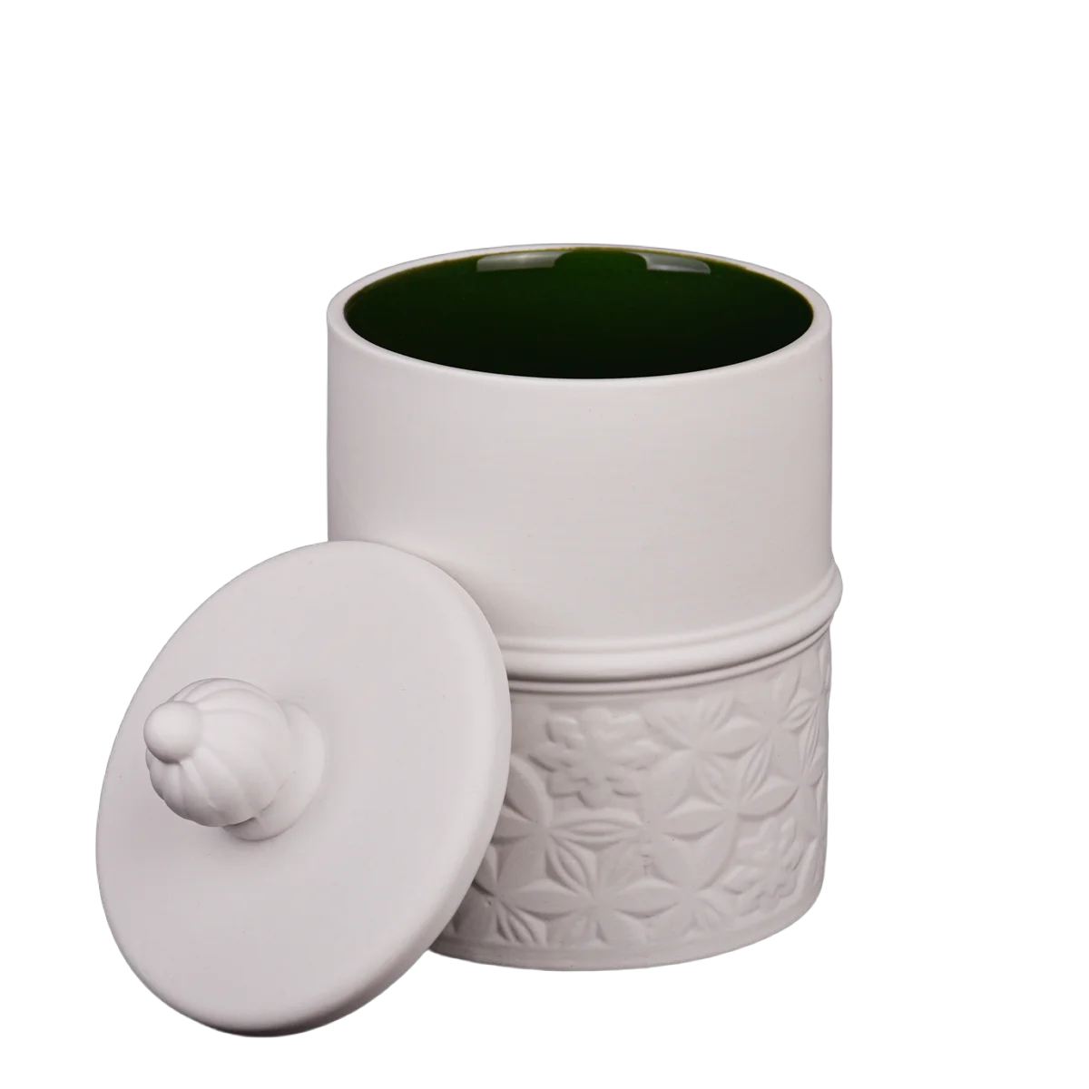 Customized white and dark green engraved ceramic candle holder with lid