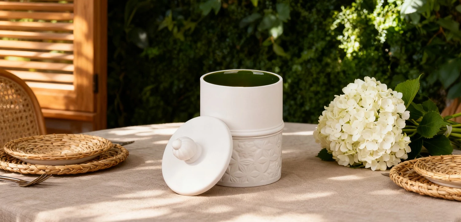 Customized white and dark green engraved ceramic candle holder with lid