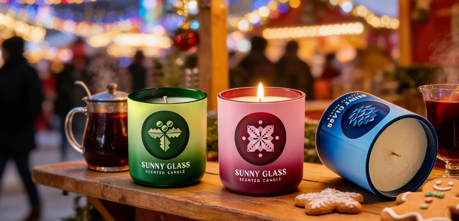 Customized Christmas-themed gradient pink sticker glass candle jar with wooden lid