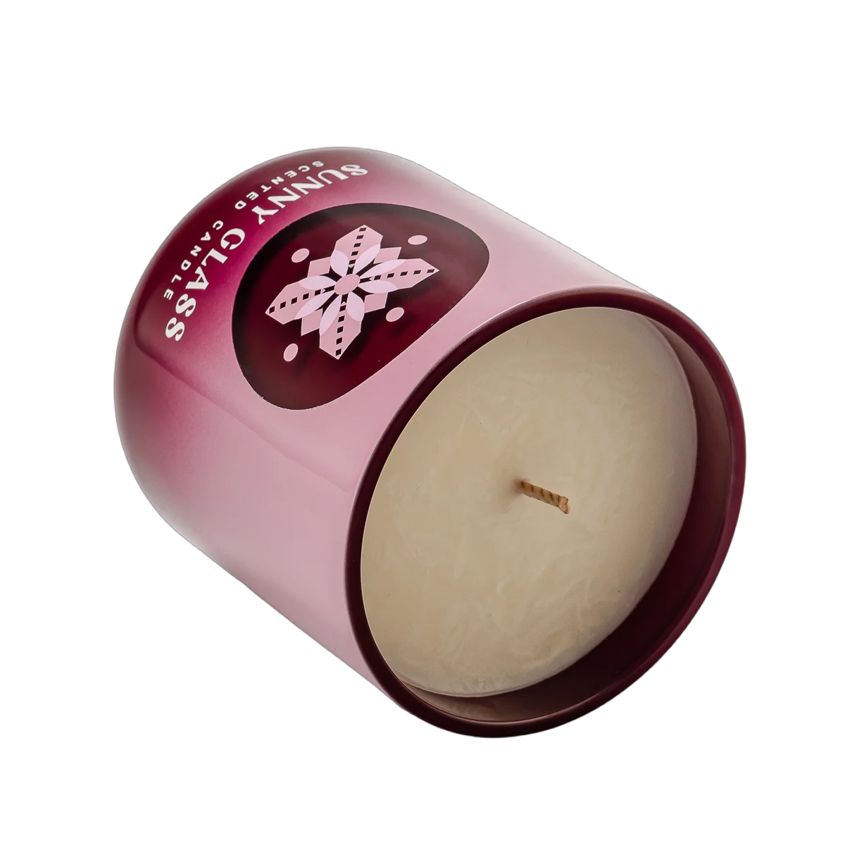 China Customized Christmas-themed gradient pink sticker glass candle jar with wooden lid manufacturer