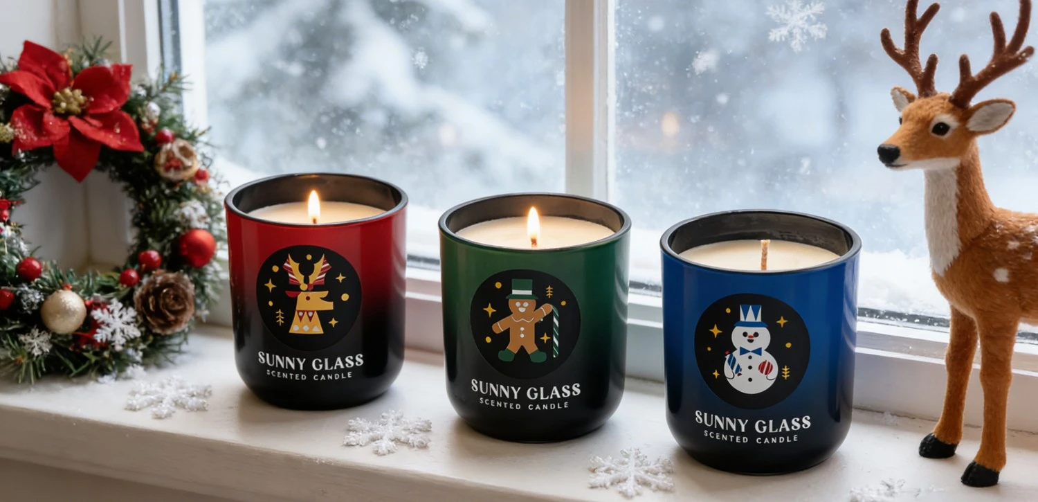 Wholesale Christmas gradient red and black reindeer sticker glass candles in jars with wooden lids