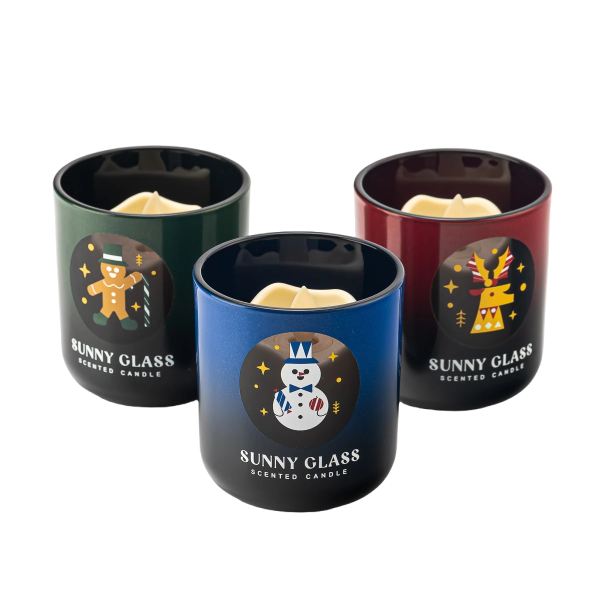 Wholesale Christmas gradient red and black reindeer sticker glass candles in jars with wooden lids