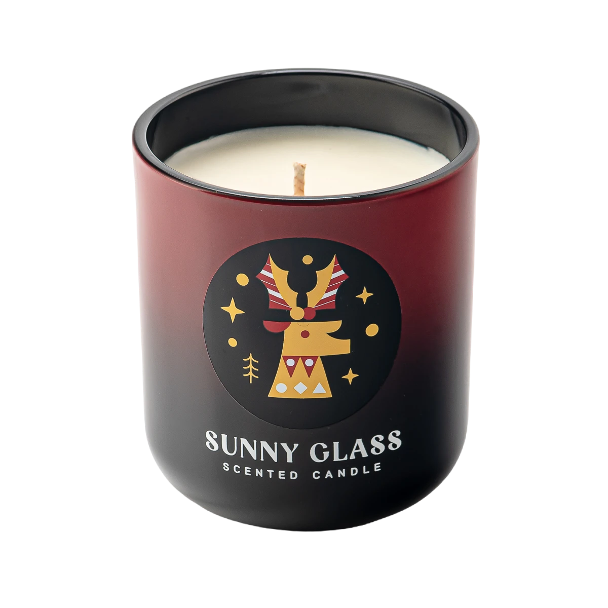 China Wholesale Christmas gradient red and black reindeer sticker glass candles in jars with wooden lids manufacturer