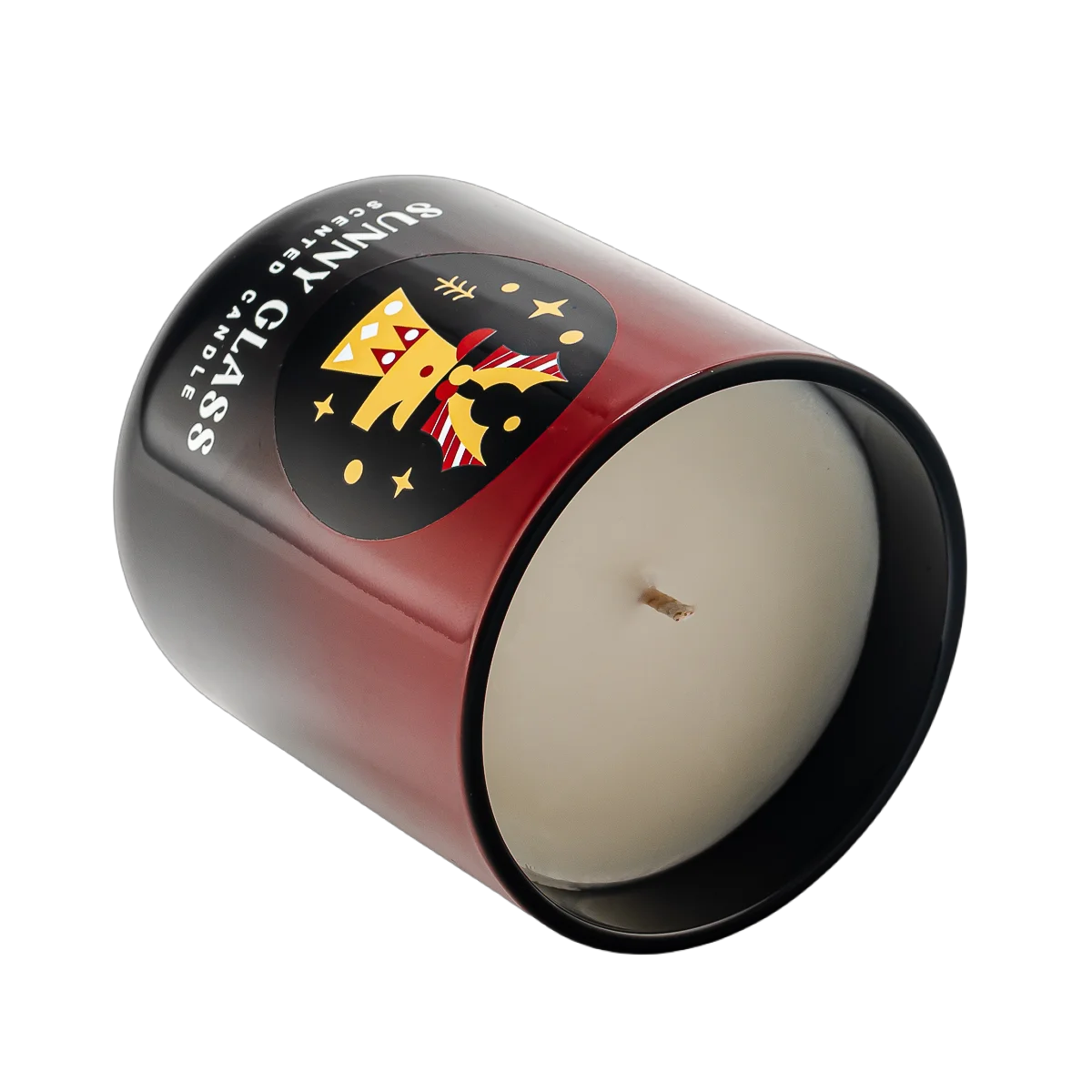 China Wholesale Christmas gradient red and black reindeer sticker glass candles in jars with wooden lids manufacturer