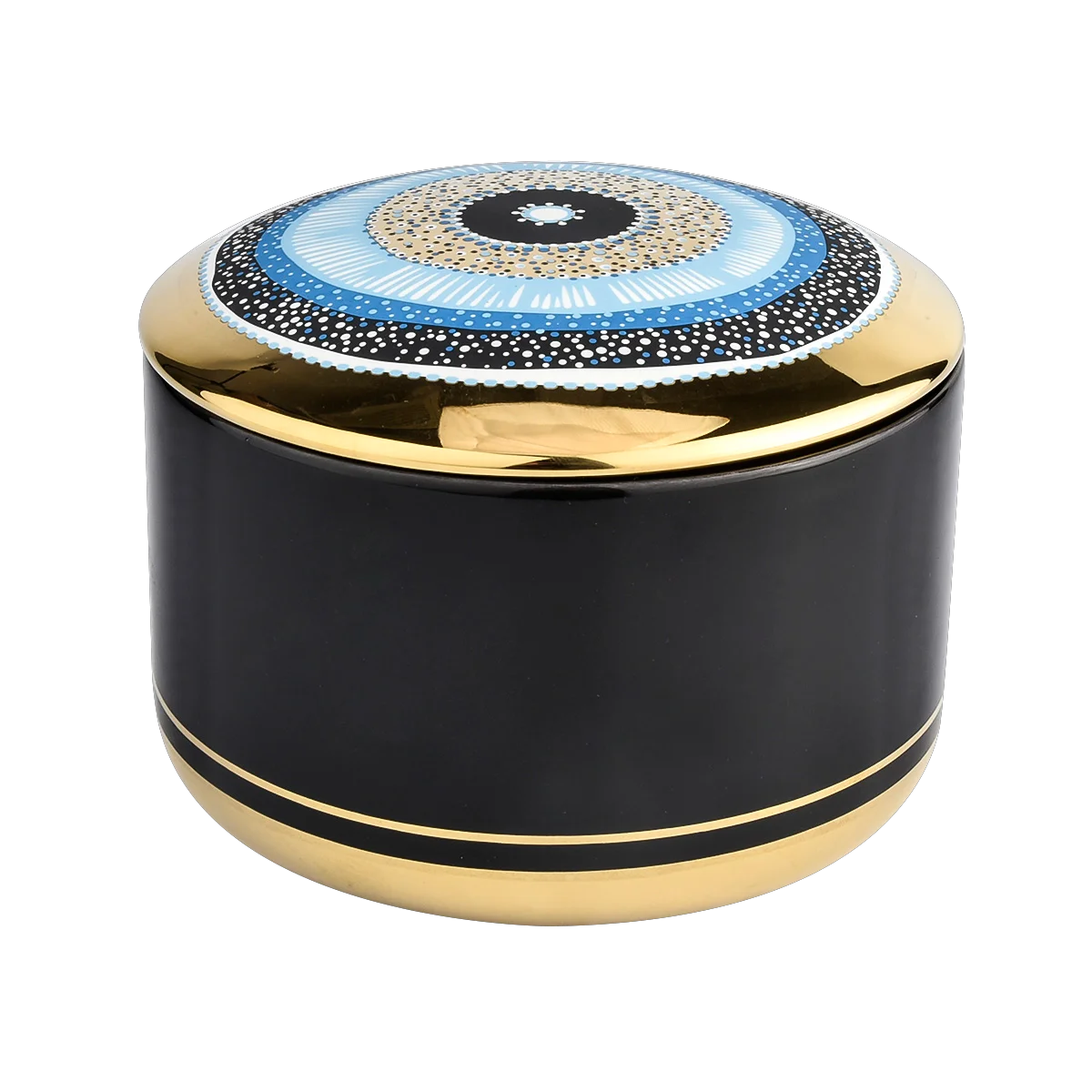 China Wholesale black gold enamel pattern ceramic candle jars with lids manufacturer