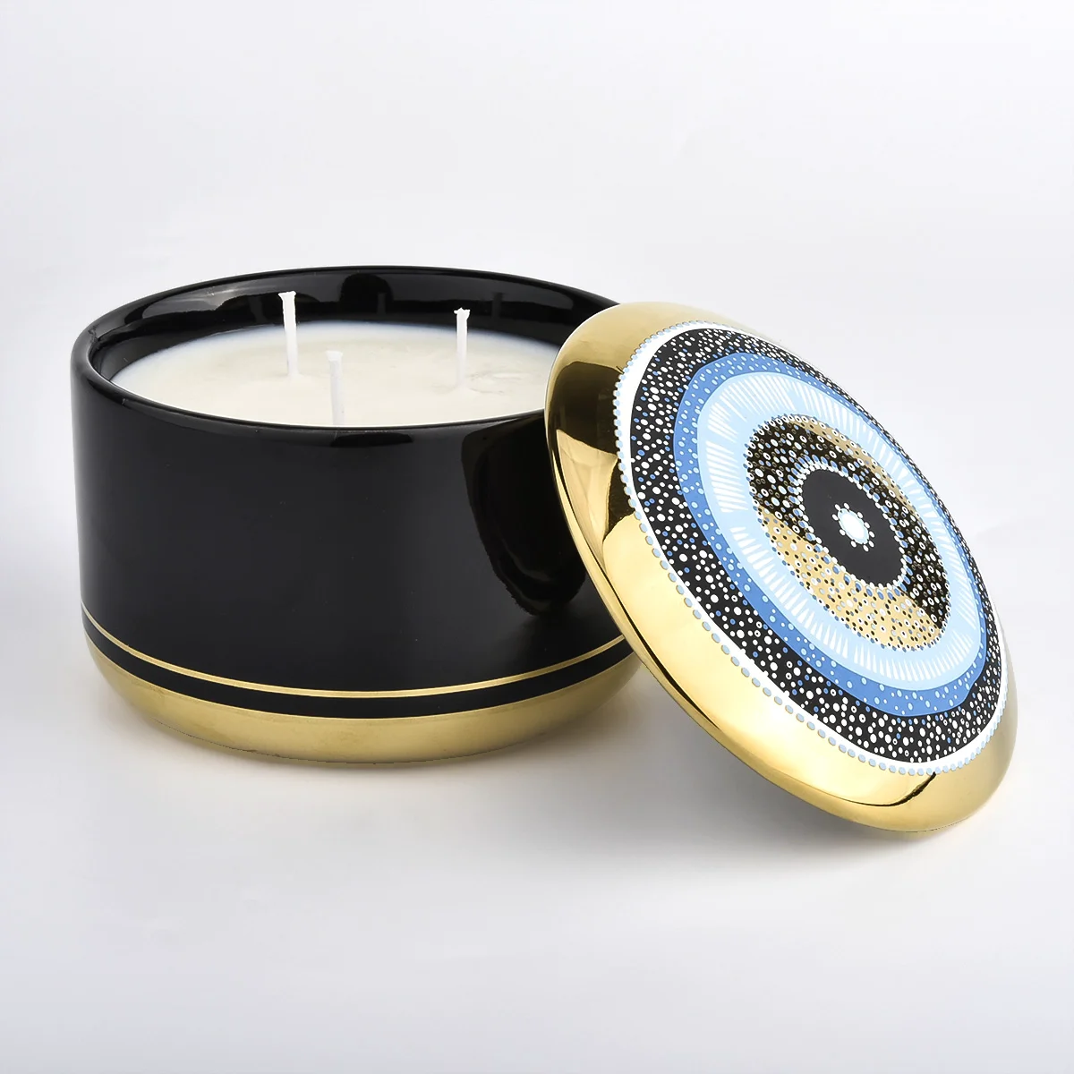 China Wholesale black gold enamel pattern ceramic candle jars with lids manufacturer