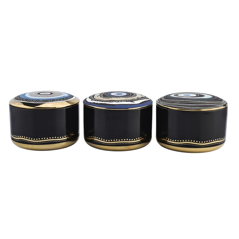 Wholesale black gold enamel pattern ceramic candle jars with lids