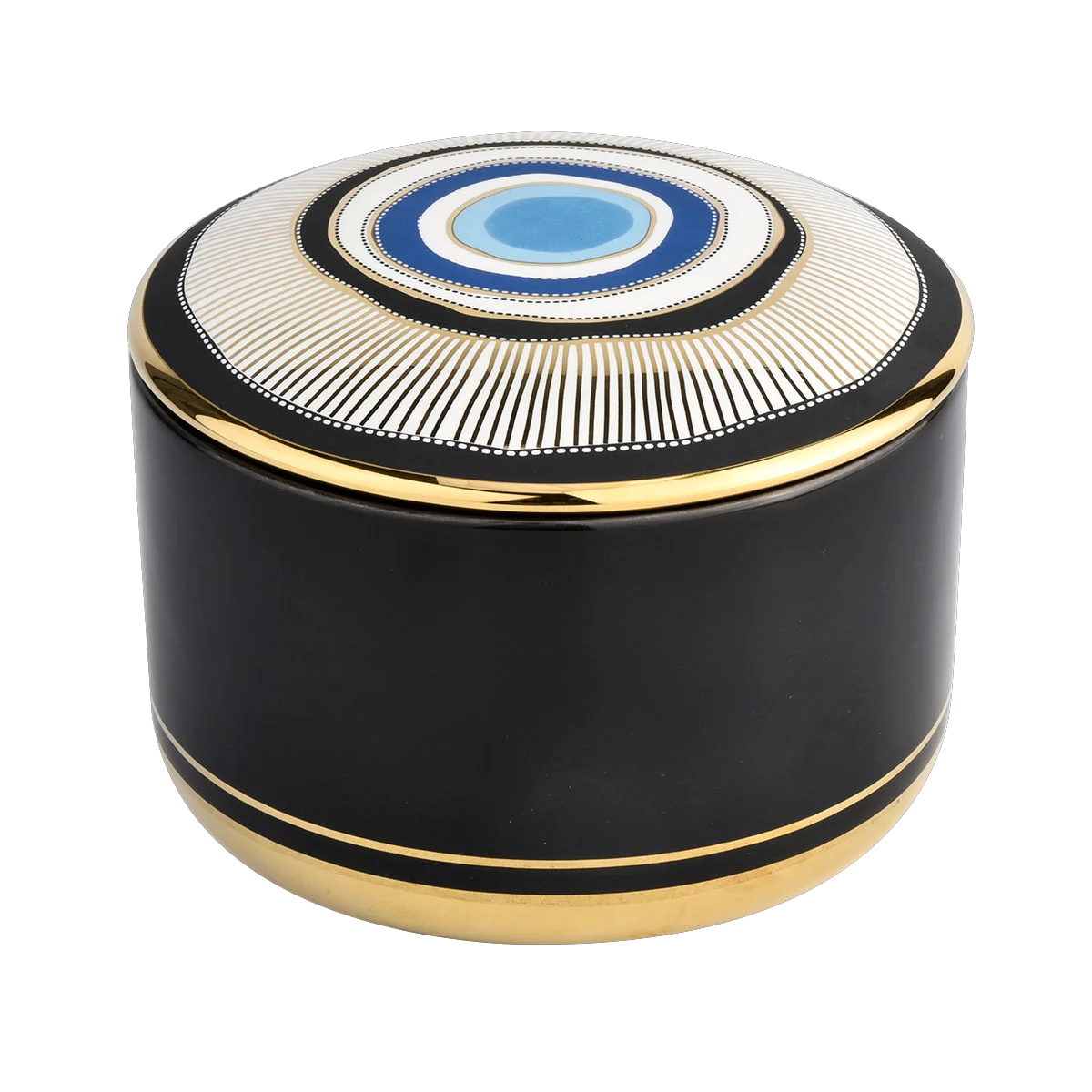 China Unique design blue eye pattern ceramic candle jar with lid manufacturer