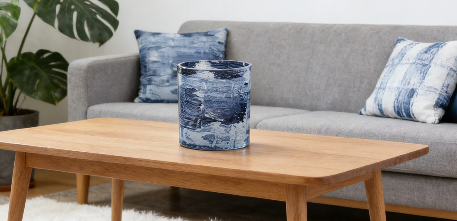 Luxury custom hand-painted blue-toned texture glass candle jar