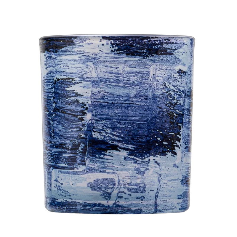 China Luxury custom hand-painted blue-toned texture glass candle jar manufacturer