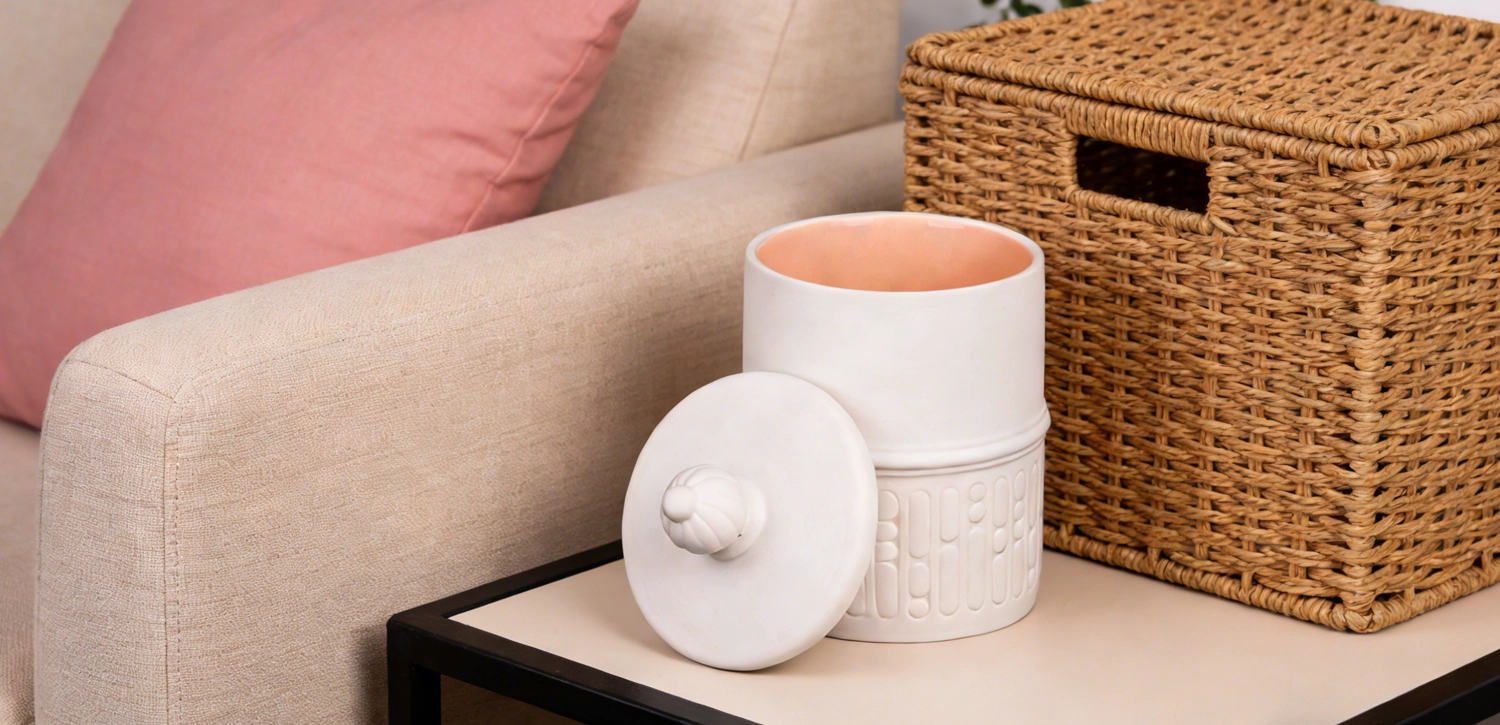 Customized pure white glaze interior ceramic candle jar with lid