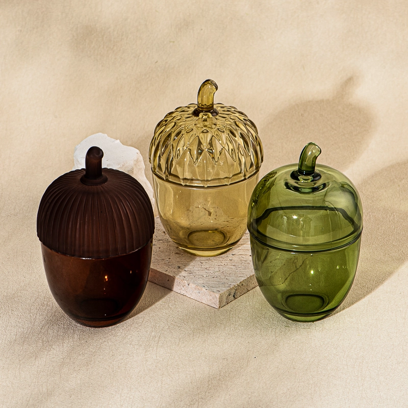 Wholesale amber colored acorn shaped glass candle jars with lids