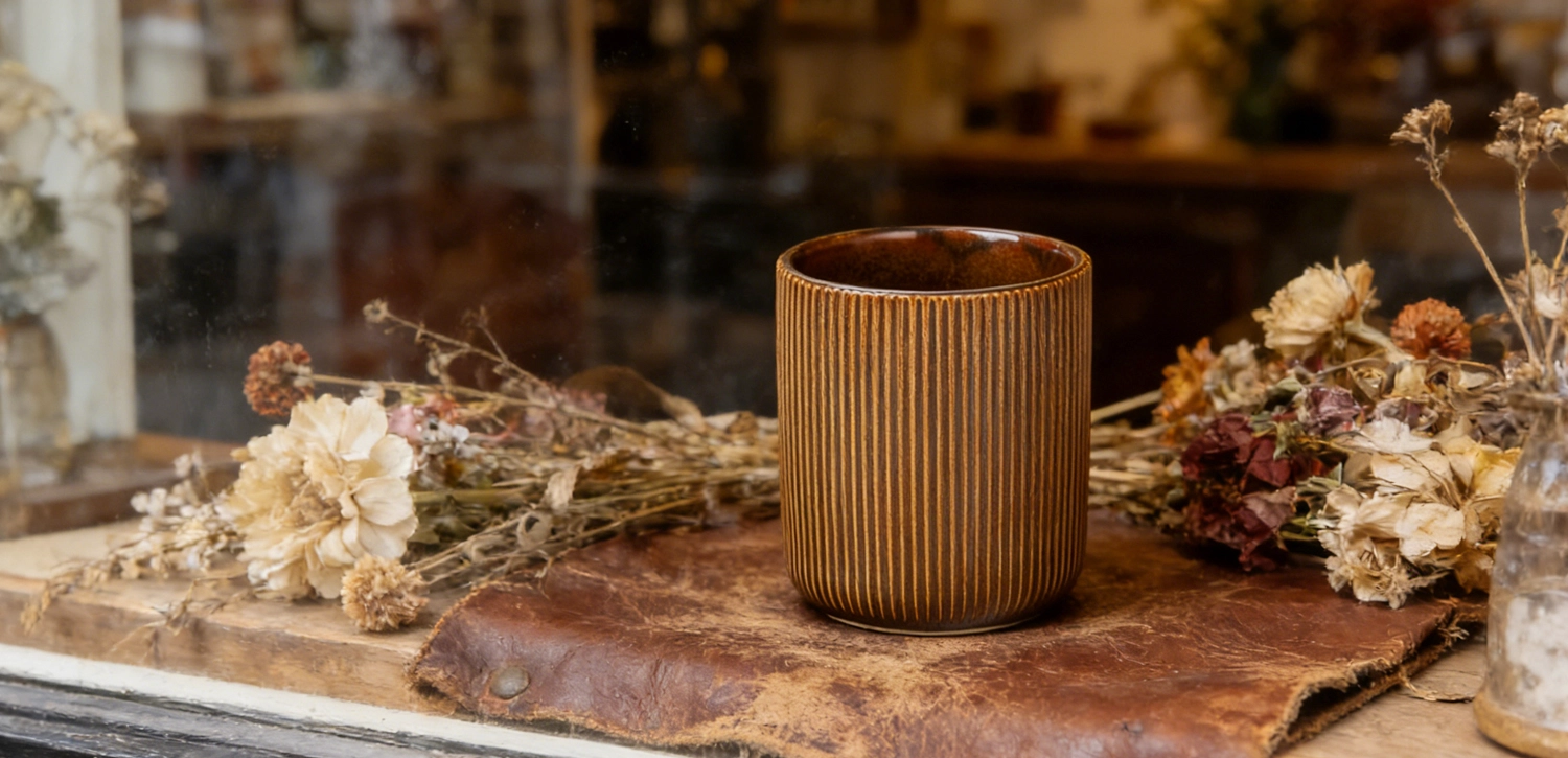 Wholesale Caramel Brown Vertical Ribbed Ceramic Candle Jar