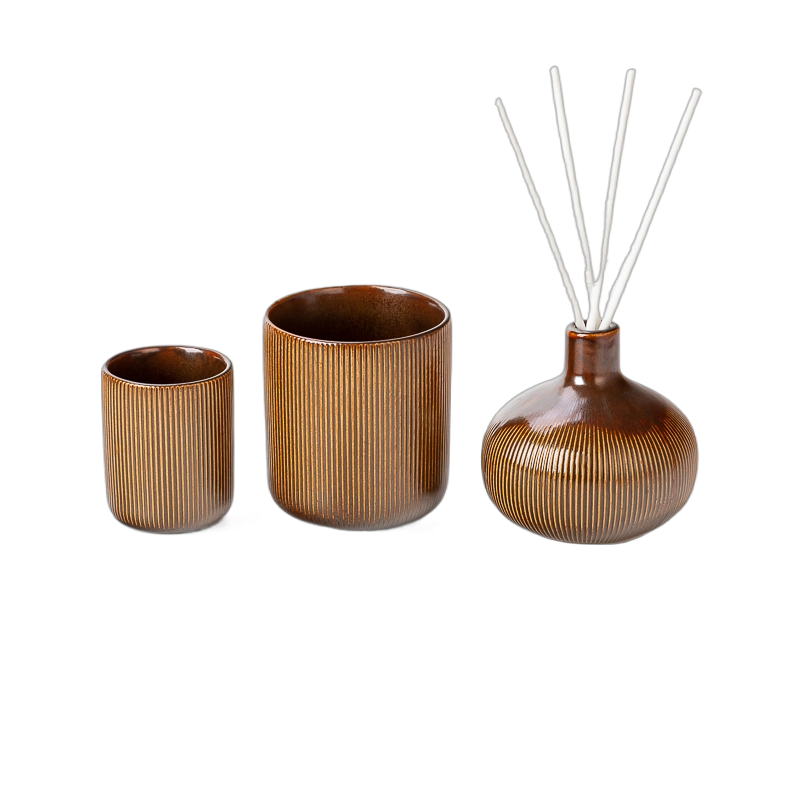 460ml Caramel Brown Vertical Ribbed Ceramic Candle Jar