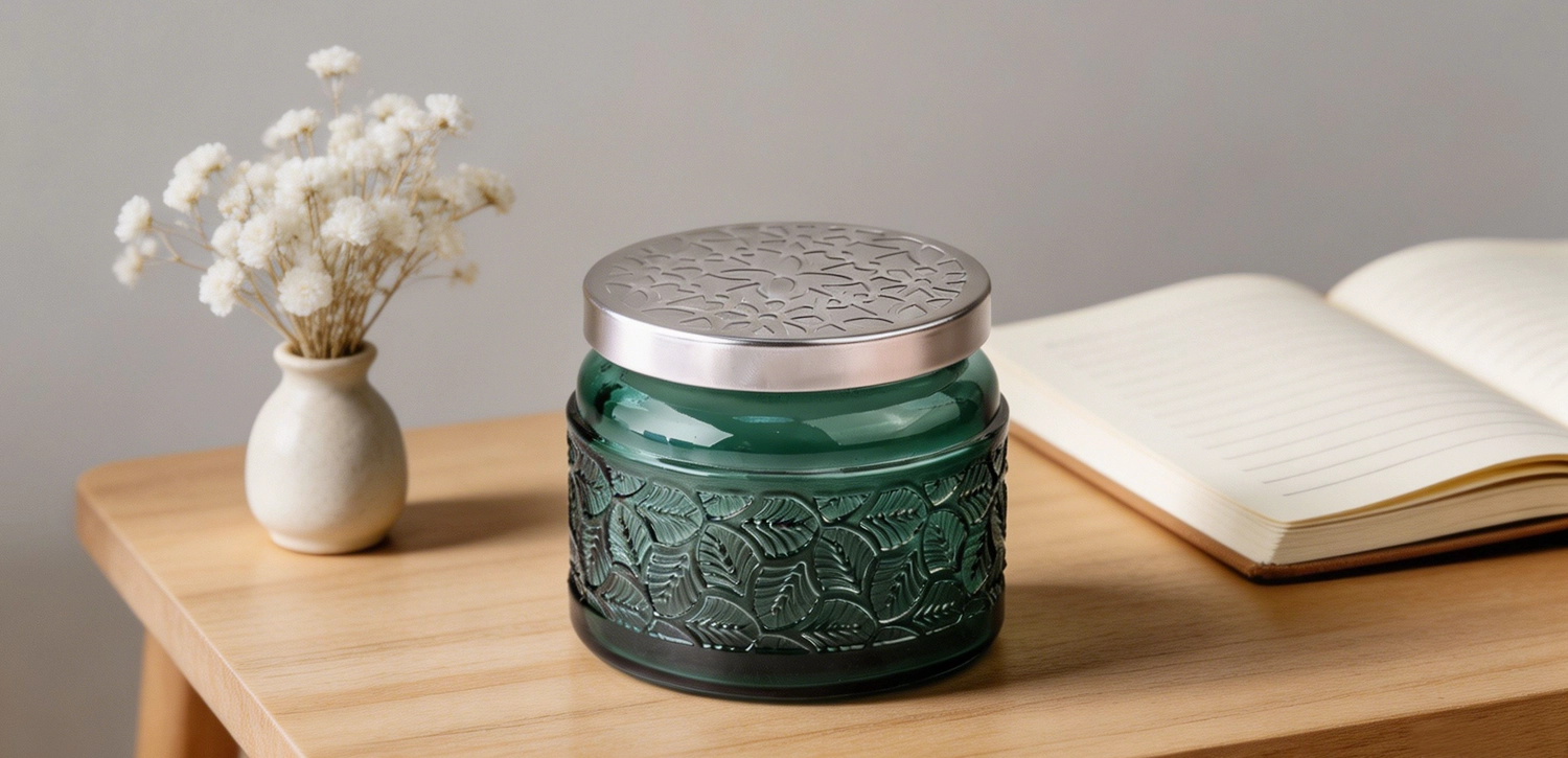 Wholesale Emerald Green Embossed Glass Candle Jars with Hammered Metal Lids