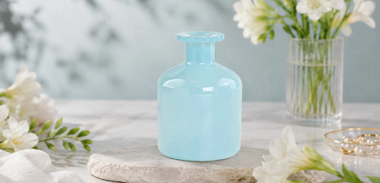 Custom Light Blue Cylindrical Glass Fragrance Bottle for Luxury Home Scents