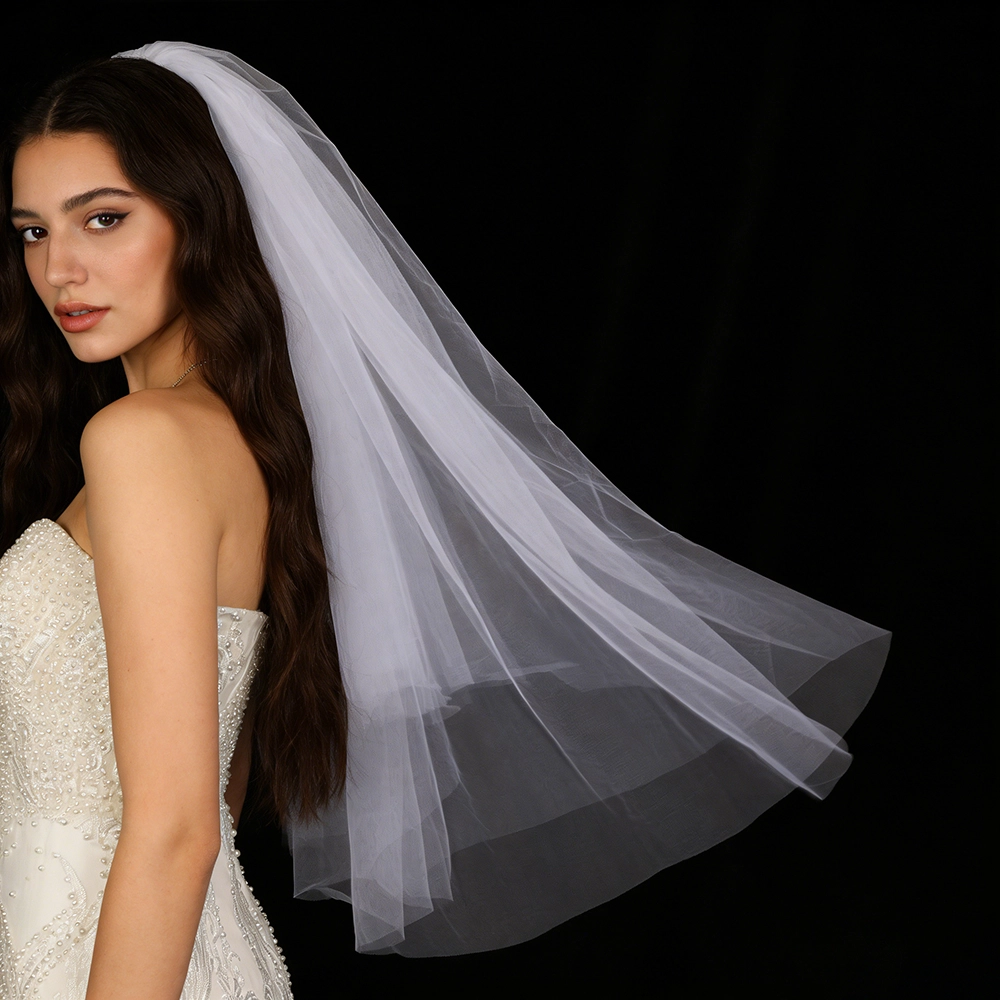 Véu de noiva curto de camada dupla CYG atacado Véu de casamento elegante com pente de cabelo