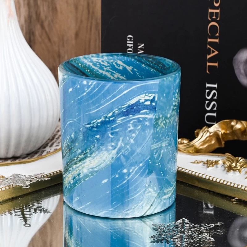 Empty unique glass candle jar 300ml blue color