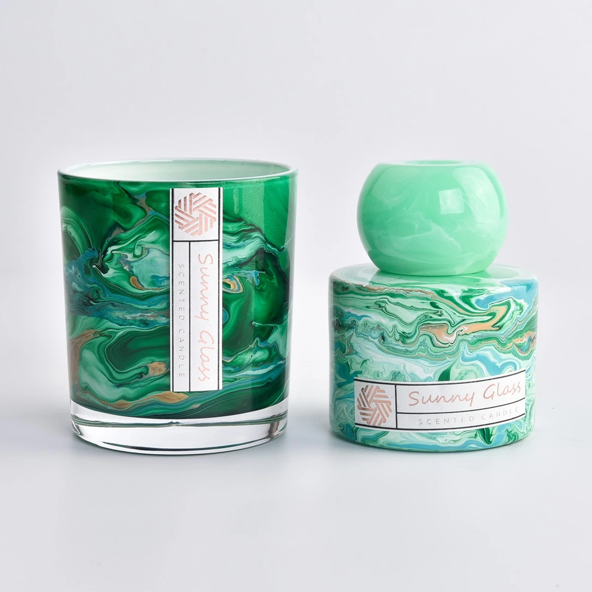 High quality marbled green glass candle jar and reed diffuser bottle suit for home decor