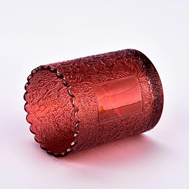 Luxury Red Glass Candle Jars with embossed patterns for Christmas