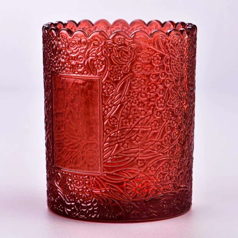 Luxury Red Glass Candle Jars with embossed patterns for Christmas