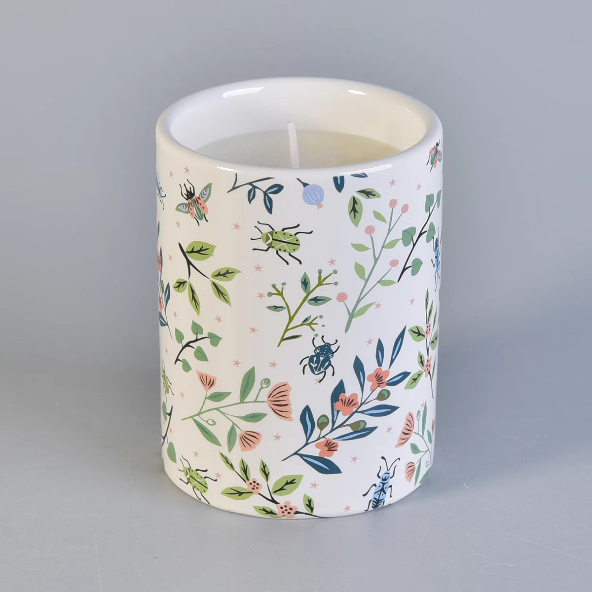 ceramic candle vessel with spring decal printing, cylinder decorative ceramic candle holders