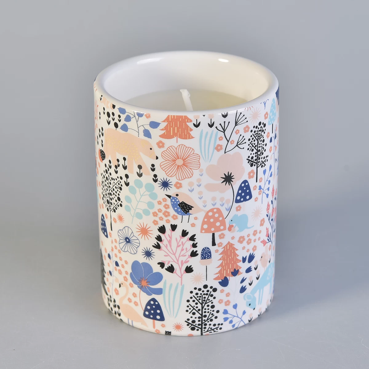 white ceramic candle container with custom prints, 12 oz decorative ceramic candle jars