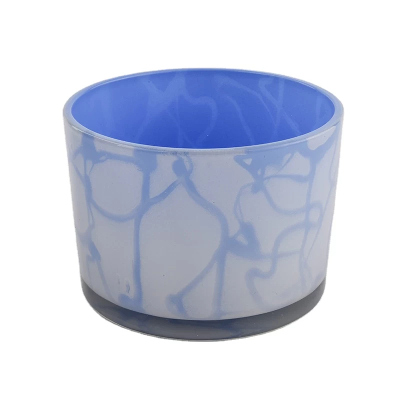 Blue glass vessel for candle making, unique 3 wick candle jar for home