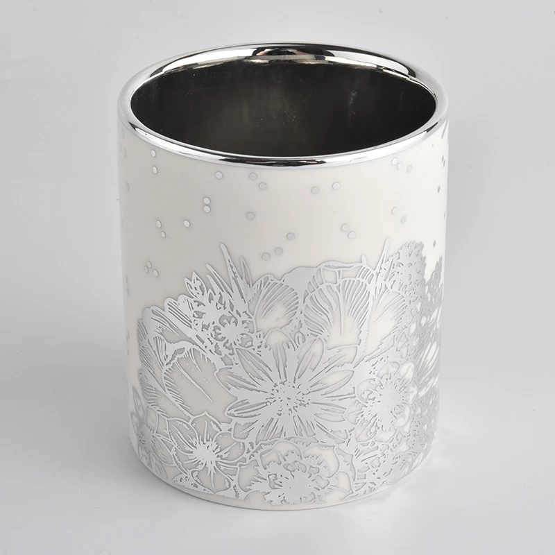White ceramic candle vessels with silver pattern, unique ceramic jars for candle making