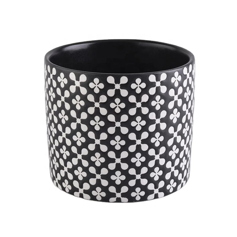 matte black ceramic jars with debossed designs for candle