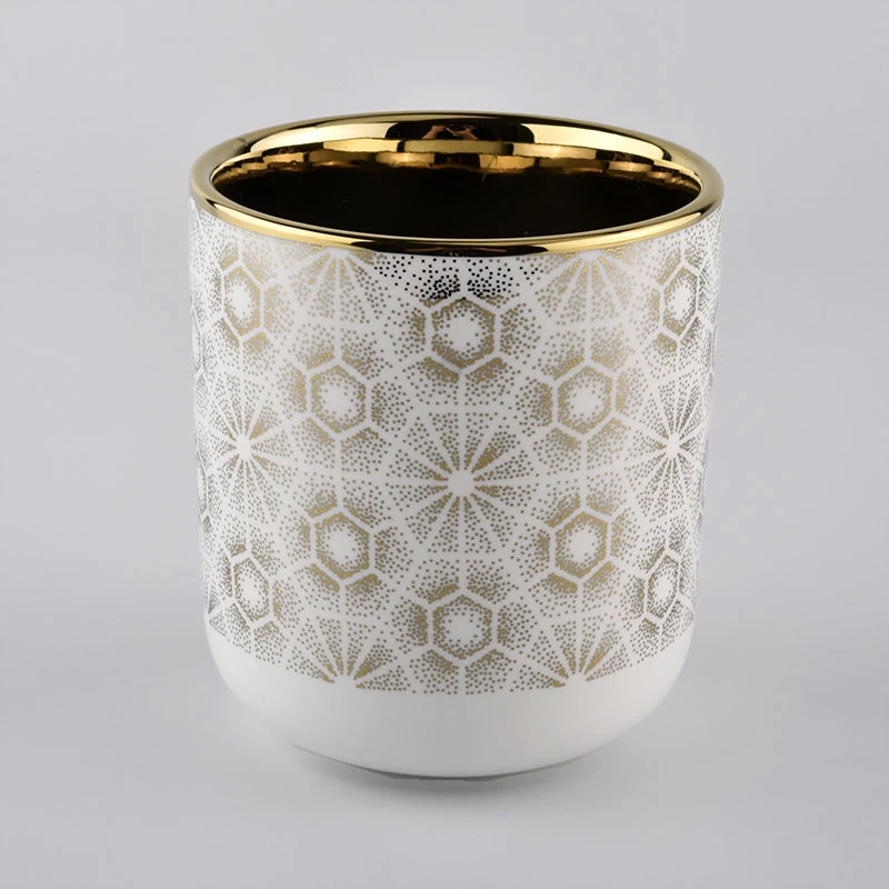 ceramic candle holder with round bottom, white ceramic candle jar gold prints