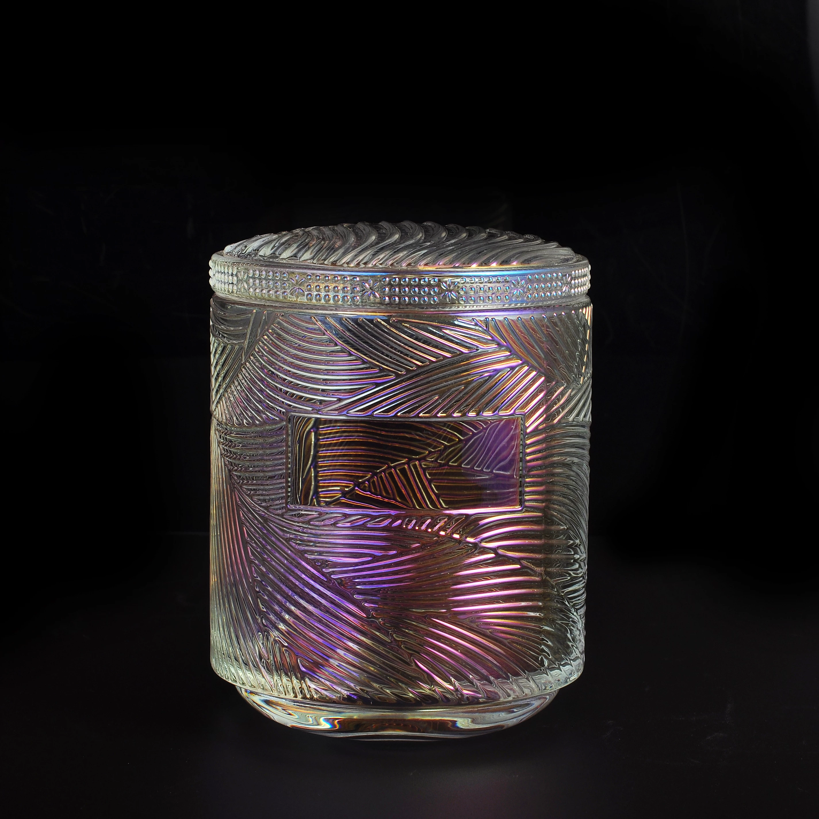translucent glass candle jar with glass lid, iridescent glass candle holder