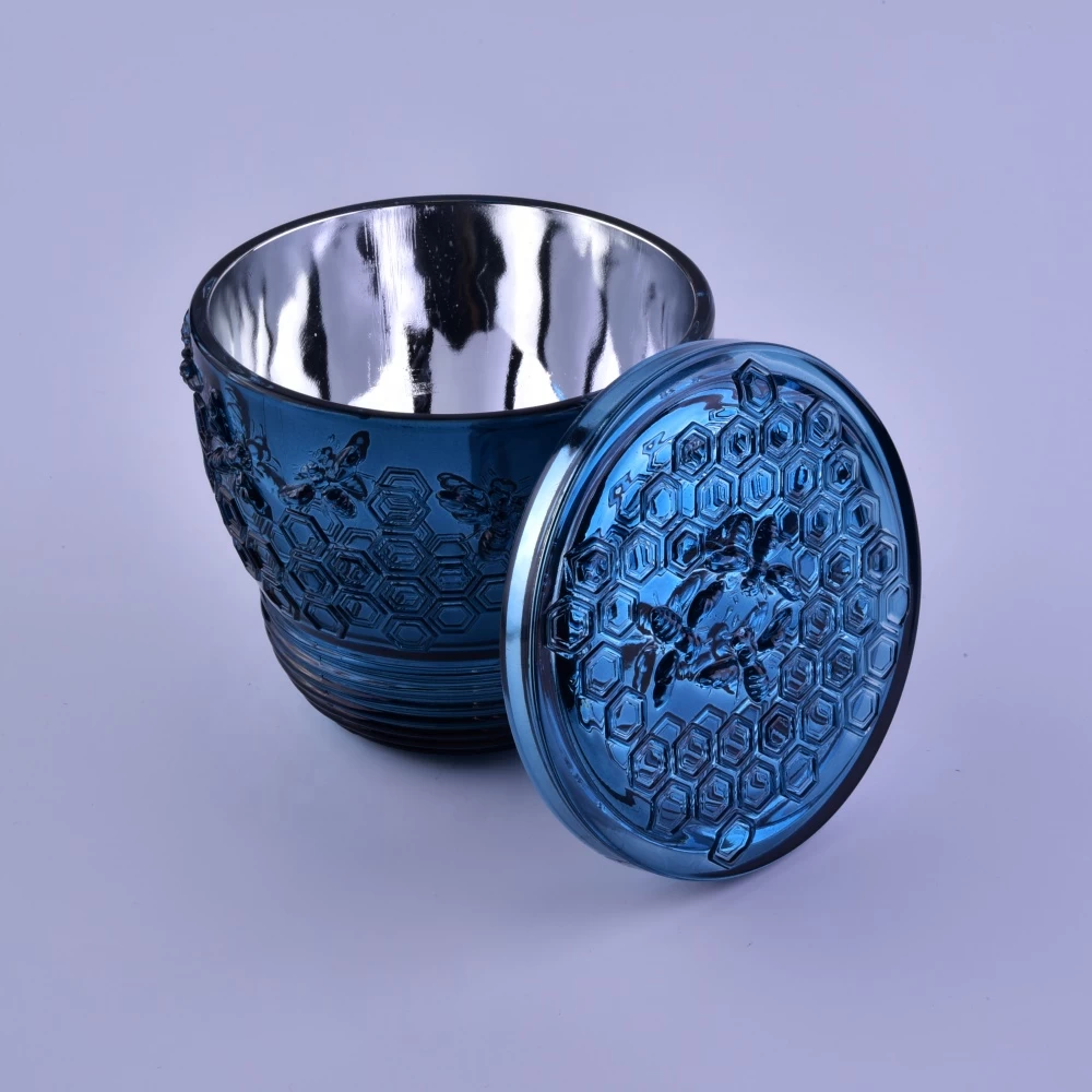 Bee design luxury blue decorative Glass candle jar holders with lid