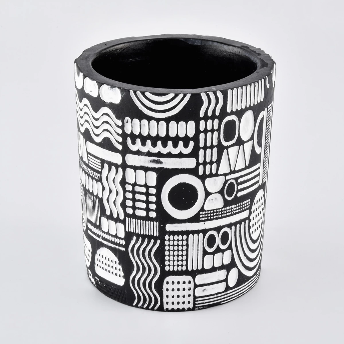 black cement candle jar with white debossed patterns, empty candle holders
