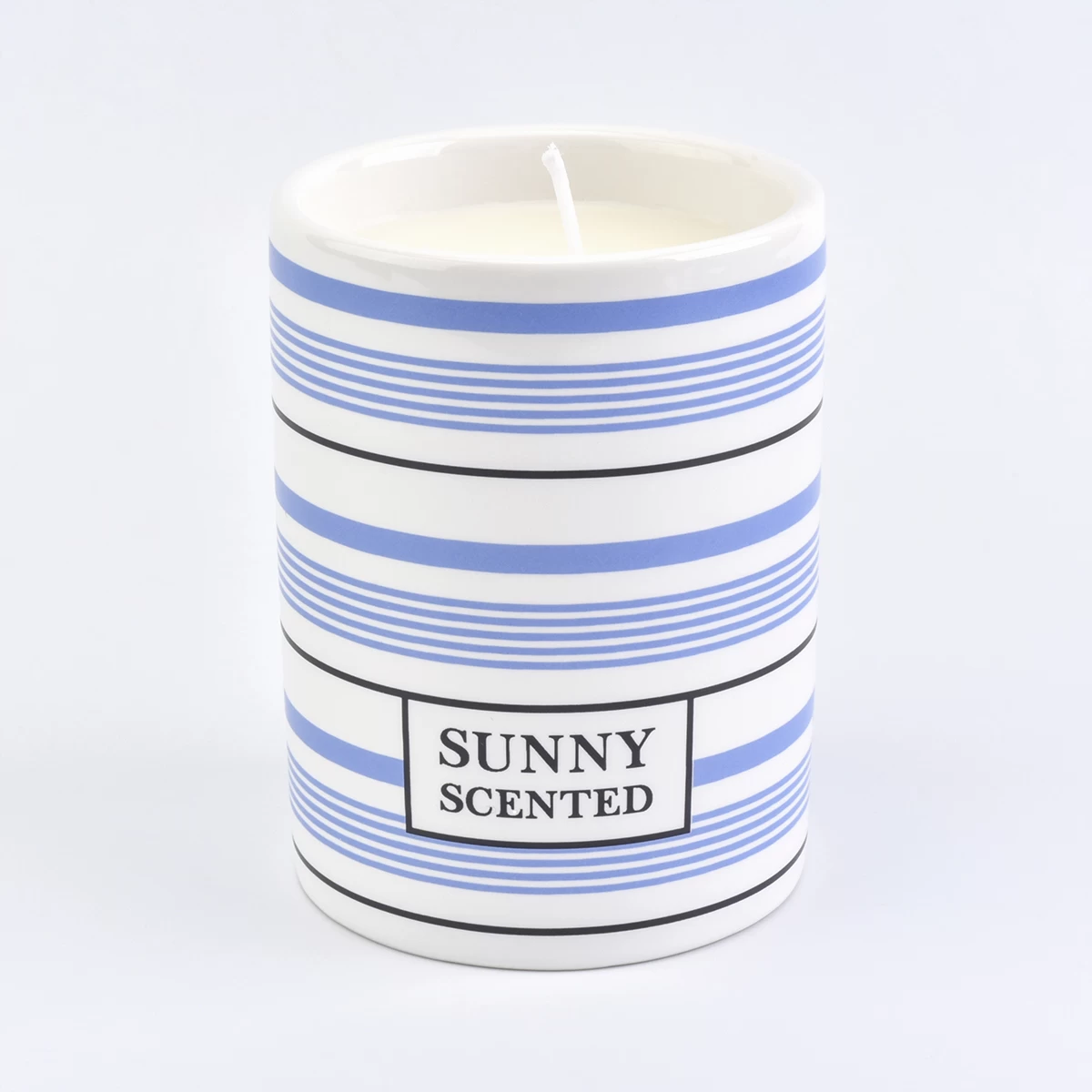 blue and white lines ceramic candle vessel, simple ceramic candle holder
