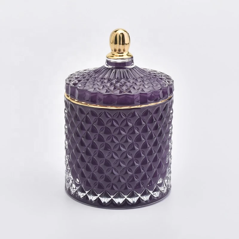 8 oz  purple glass candle jar with lid, diamond glass candle vessel