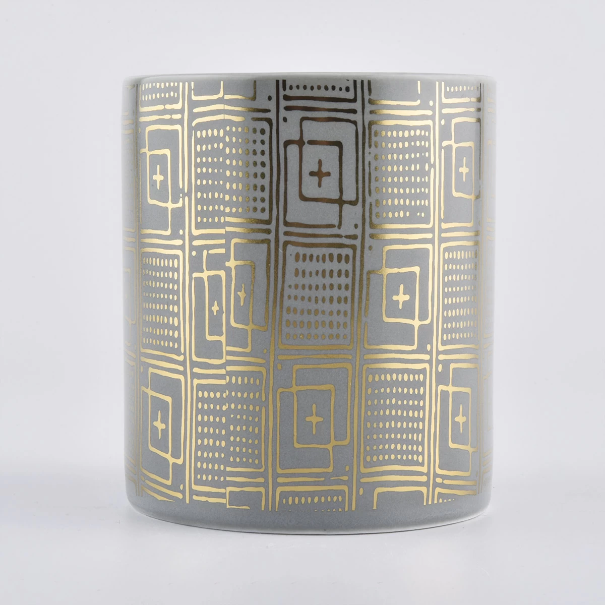 gray ceramic candle vessels with custom prints, unique ceramic jars for candle making