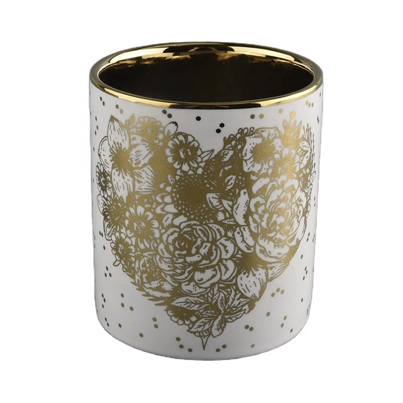 white cylinder ceramic candle jars with gold printing