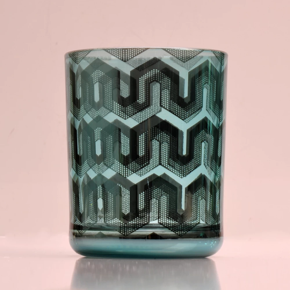 green glass candle vessel with custom lasering patterns, shiny glass jar for holidays