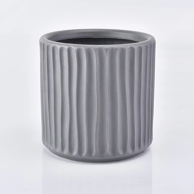 Grey glazed ceramic vessel with stripes, embossed 16 oz ceramic candle jar
