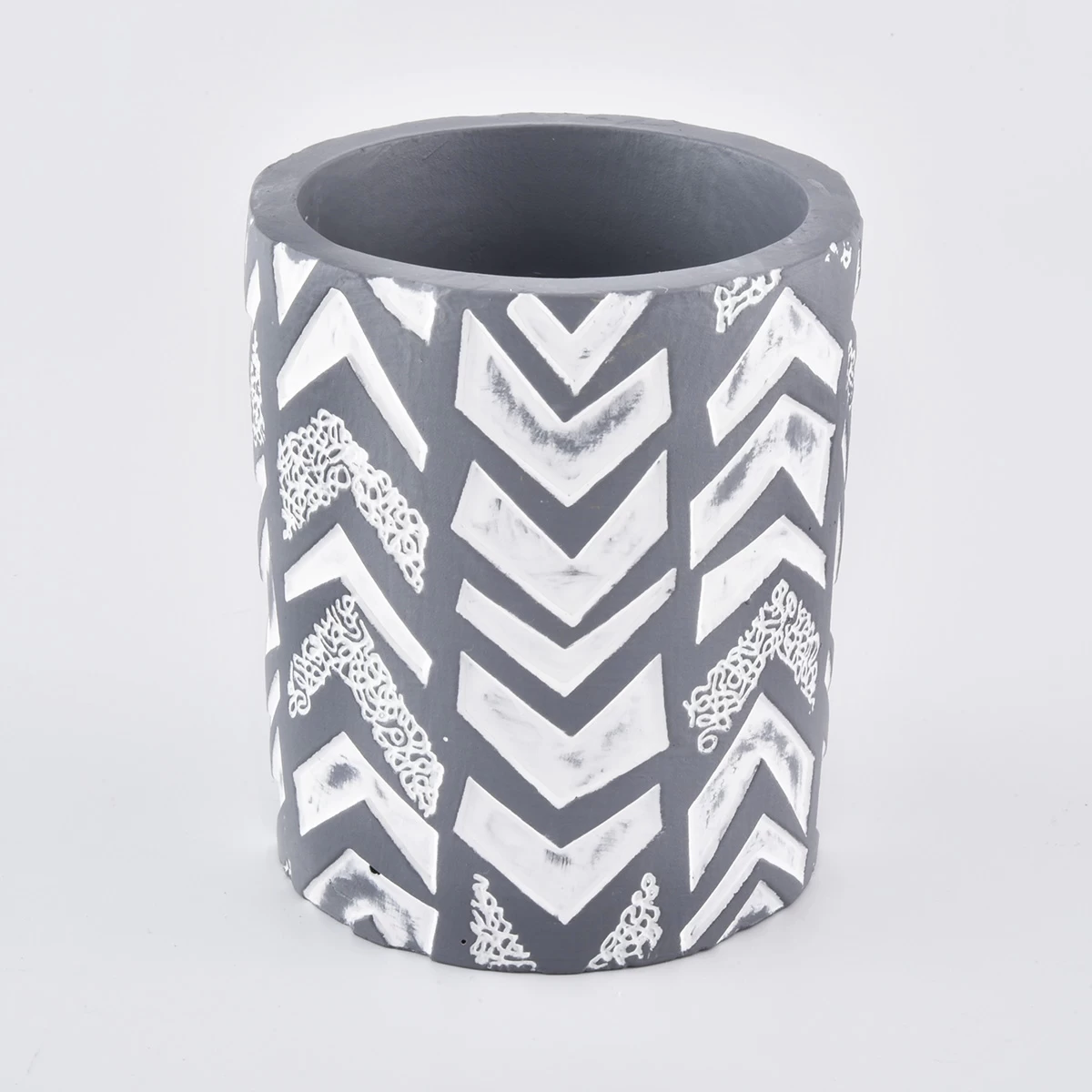 Concrete candle jar with white debossed patterns, decorative candle jars
