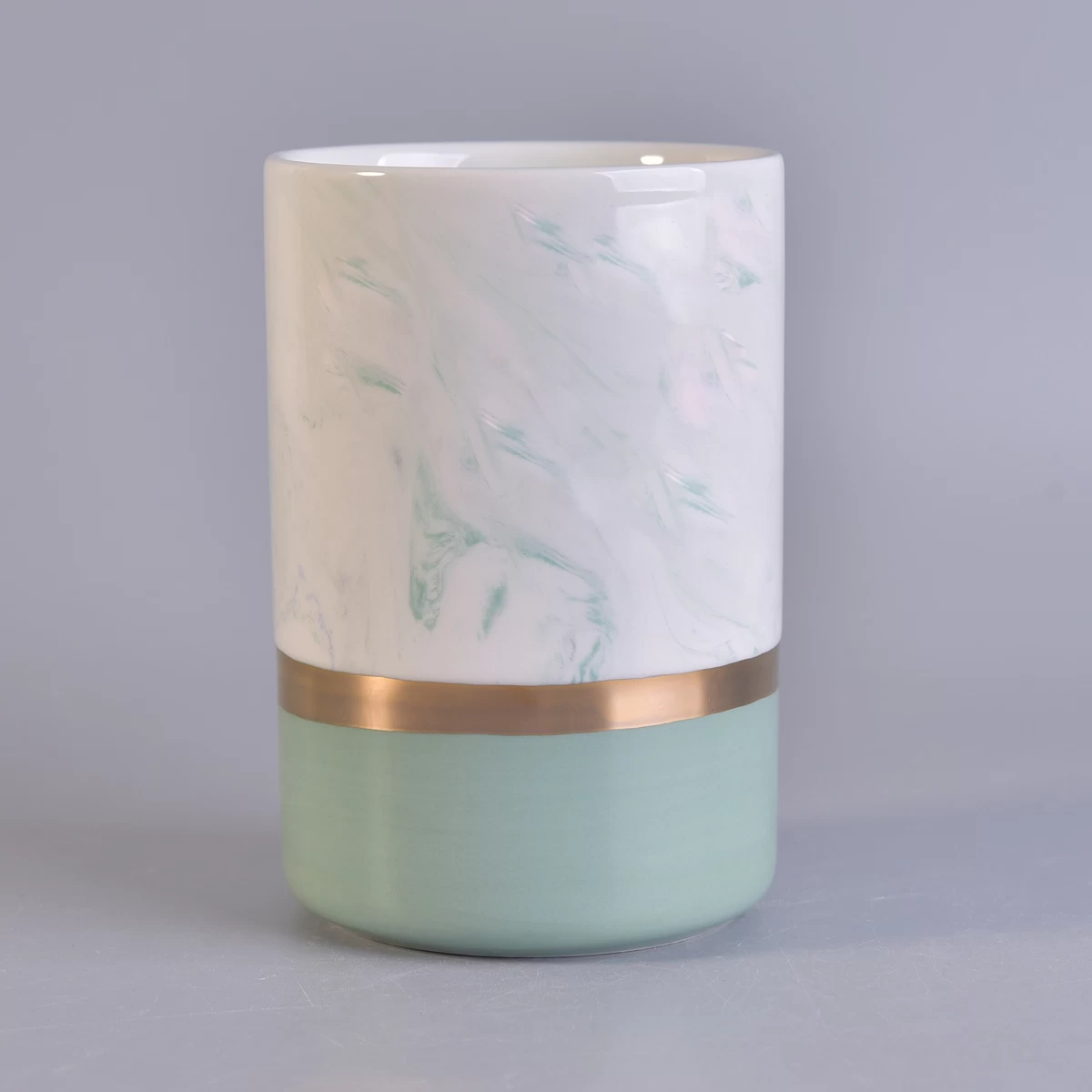 green and white ceramic candle holder, beautiful marble candle container with gold decal