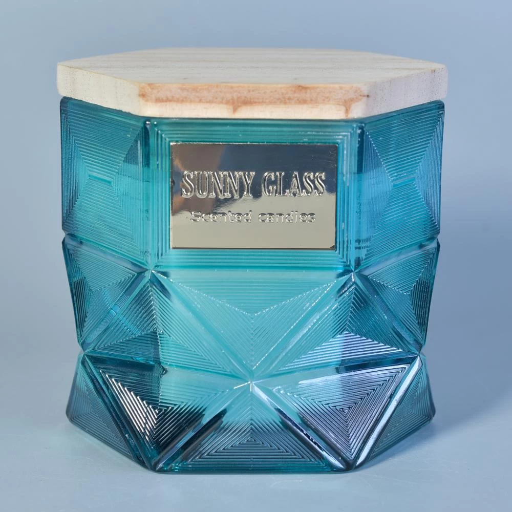 hexagon glass candle jar with wood lid, luxury glass candle holder