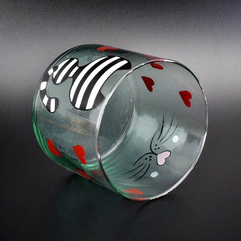 Cylinder glass vessel with lovely kitty painting, decorative glass candle jars 16 oz