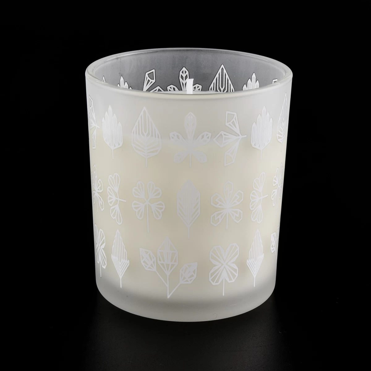 white glass candle jar, frosted candle holder with custom pattern 12 oz