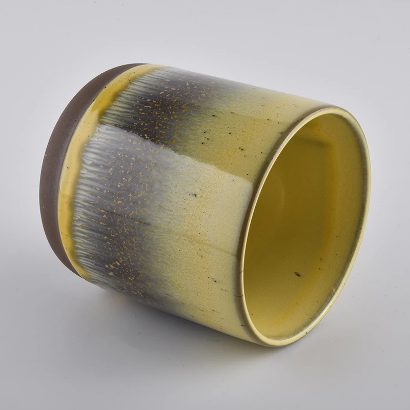 yellow glaze ceramic candle container, unique glazed ceramic jar for home decoration
